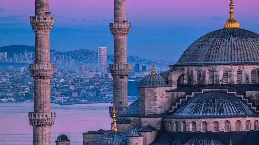 A picture of the minarets and domes of the Blue Mosque in Turkey