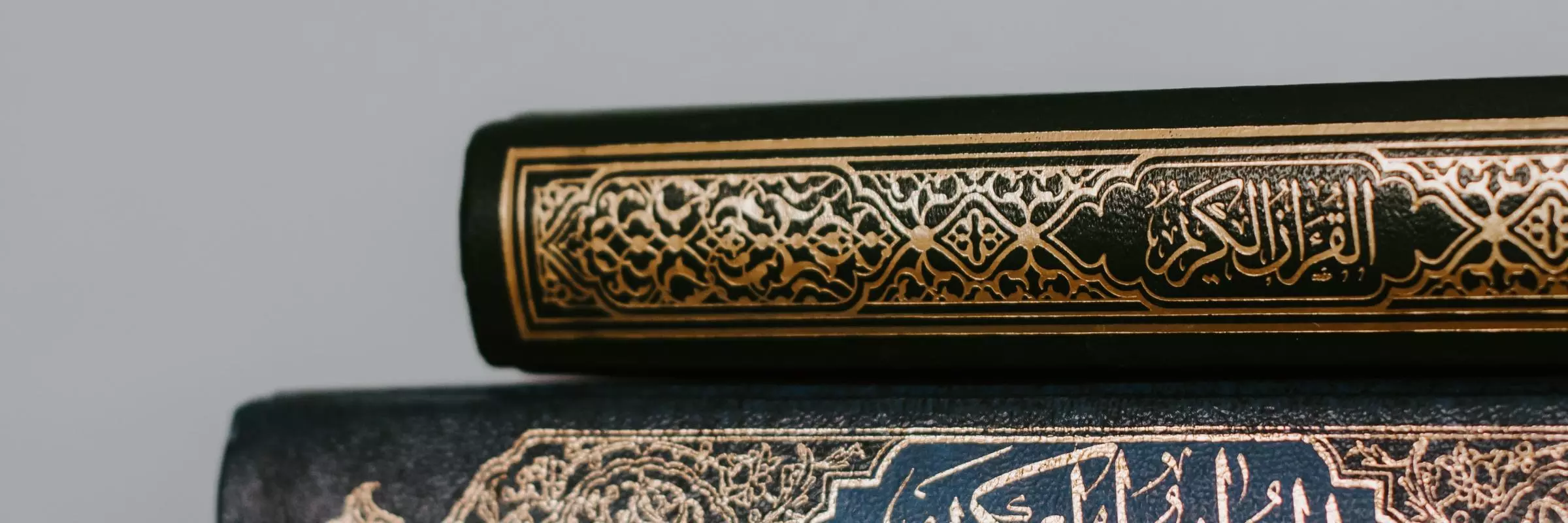 A picture of the spines of 2 qurans. 